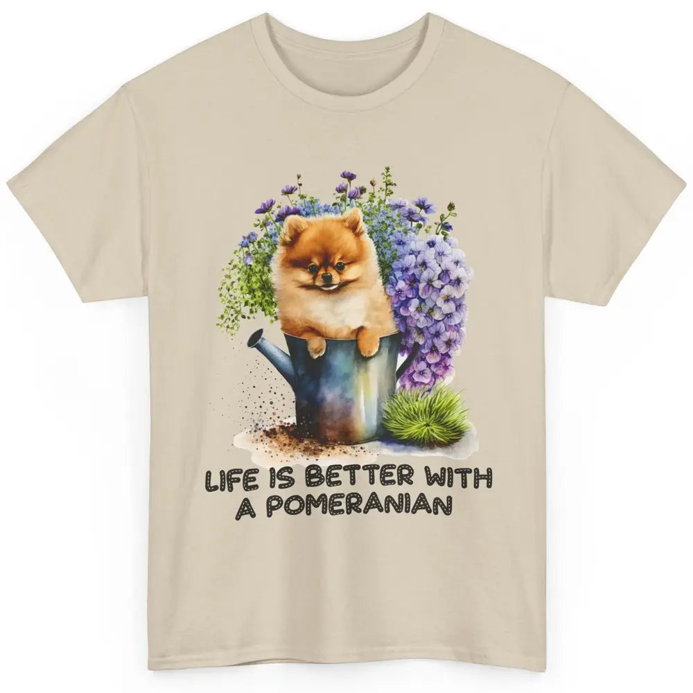 Cute Pomeranian Puppy Flowers Life Is Better With Pomeranian Classic Unisex T-Shirt