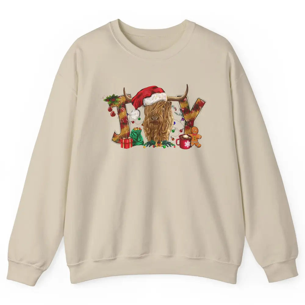 Highland Cow Joy Santa Hat Gingerbread Christmas Farm Gift Unisex Crewneck Sweatshirt