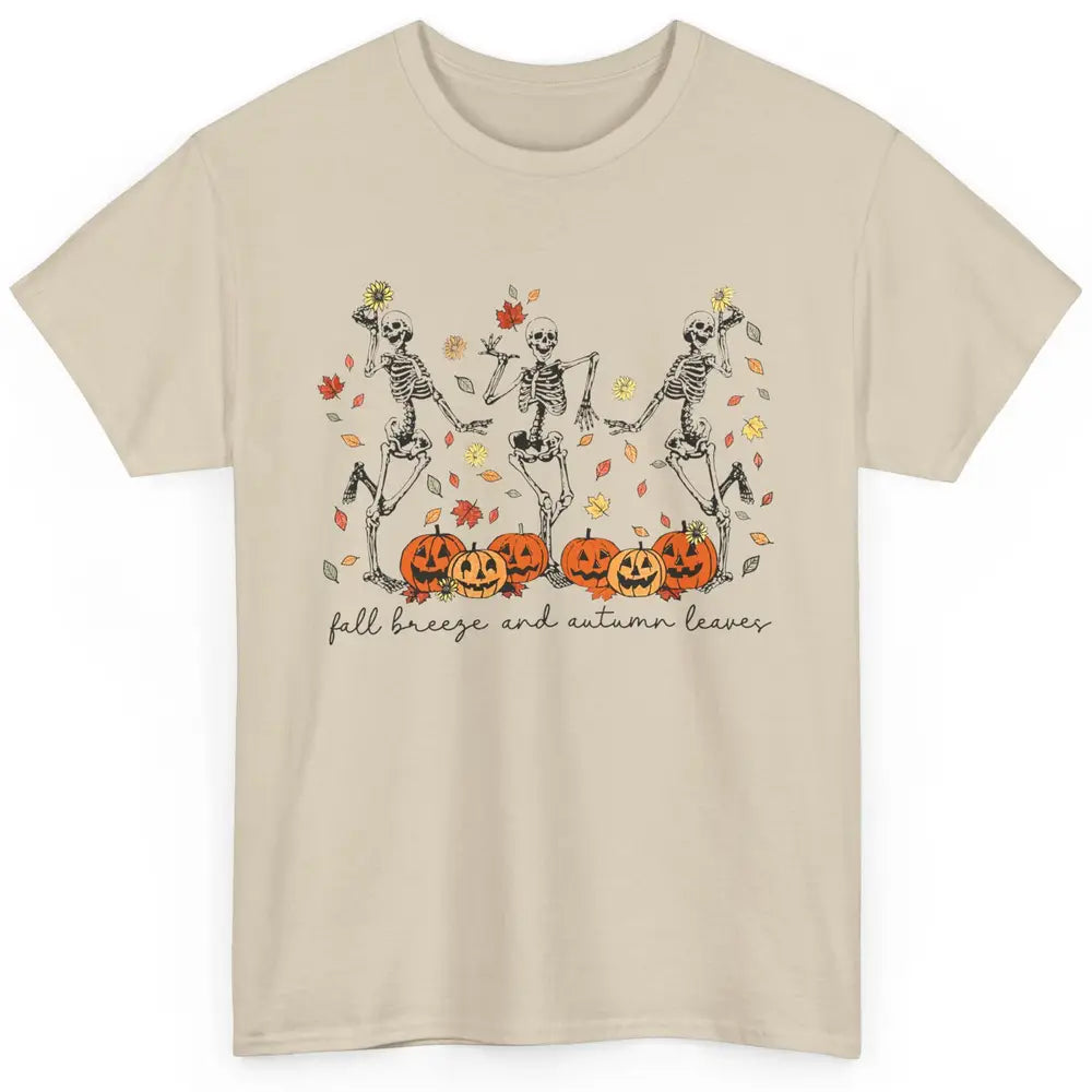 Retro Pumpkin Dancing Skeleton Fall Breeze And Autumn Leaves Classic Unisex T-Shirt