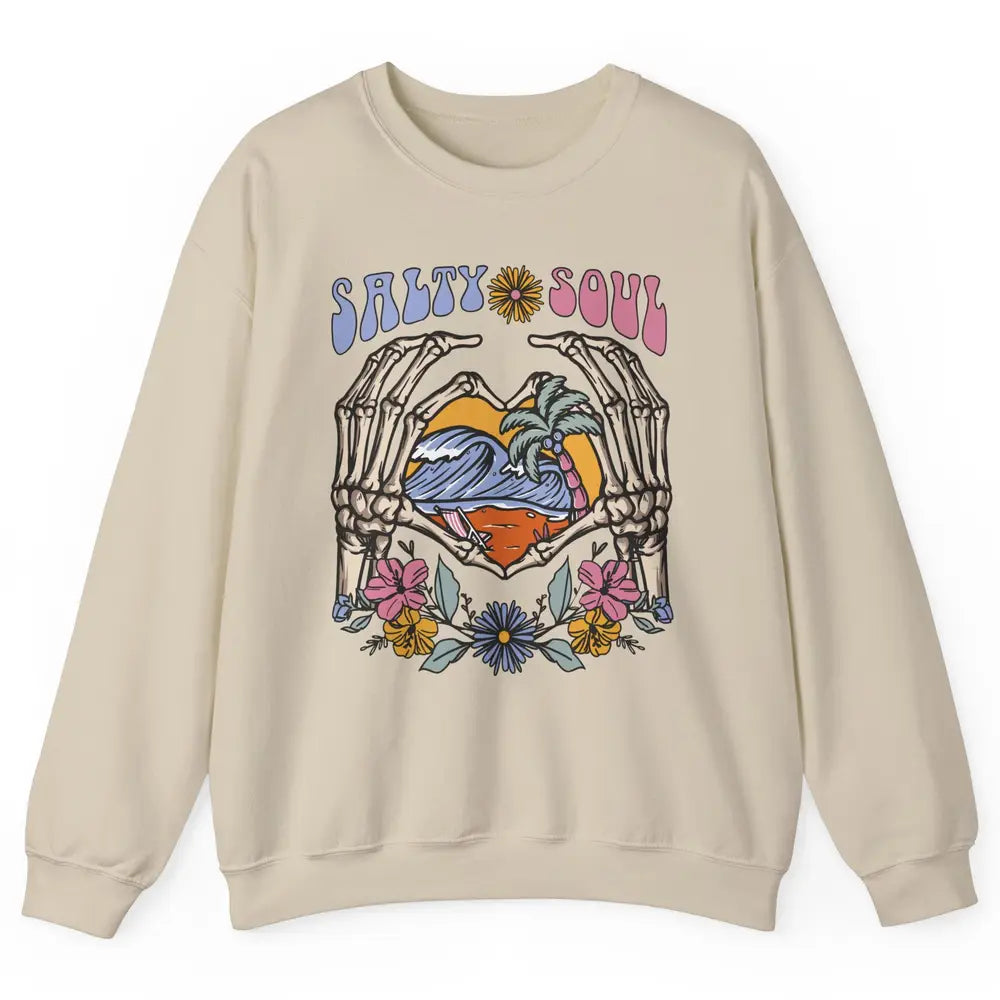 Retro Salty Beach Soul Floral Wave Skeleton Summer Vibes 70s Unisex Crewneck Sweatshirt