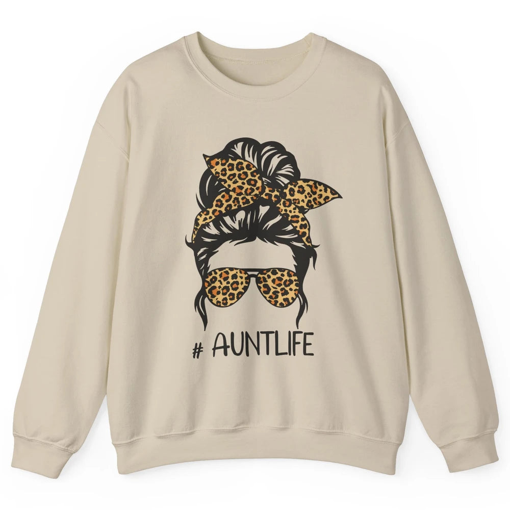 Aunt Life Messy Bun Hair Leopard Sunglasses Bandana Auntie Unisex Crewneck Sweatshirt