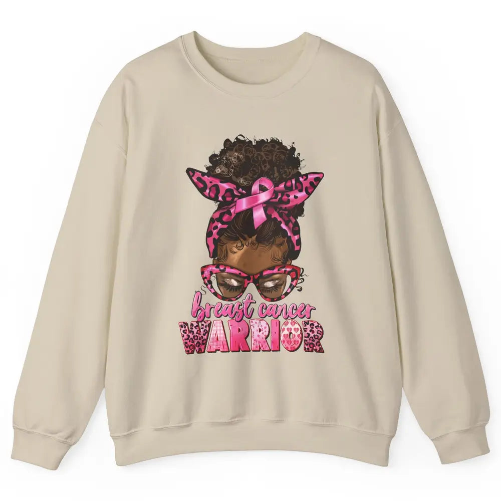 Afro Black Woman Breast Cancer Awareness Messy Bun Leopard Unisex Crewneck Sweatshirt