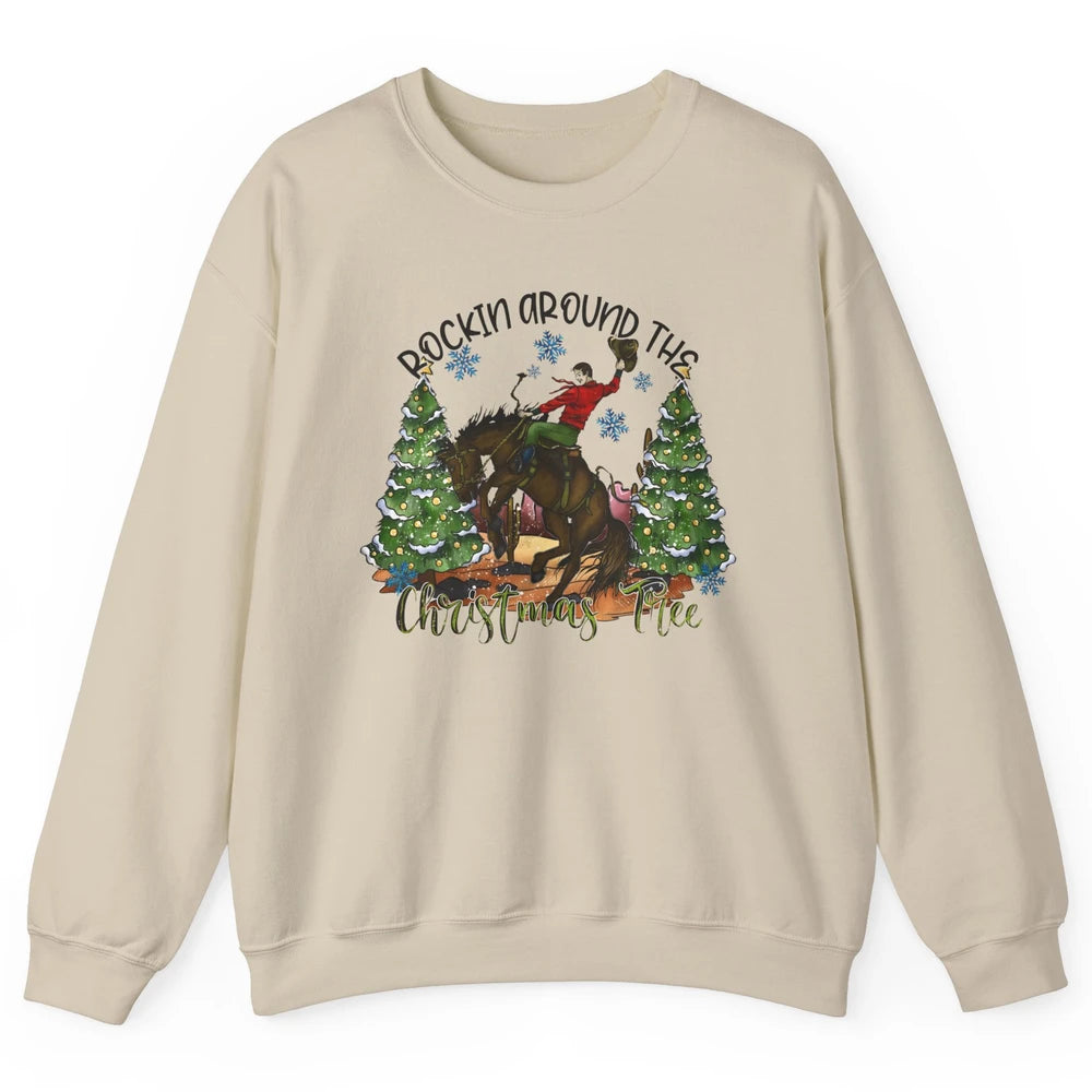 Funny Cowboy Horsing Rocking Around Christmas Tree Western Unisex Crewneck Sweatshirt