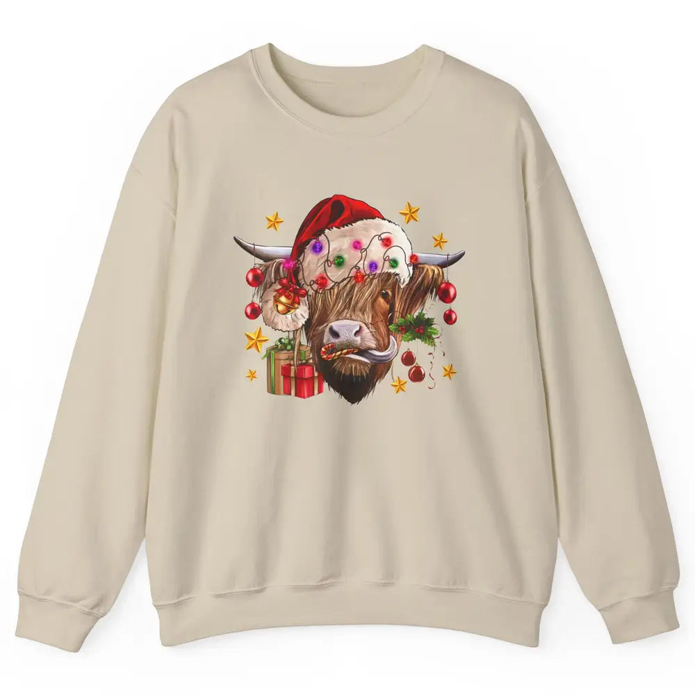 Highland Cow Joy Santa Hat Christmas Ornament Western Farm Unisex Crewneck Sweatshirt