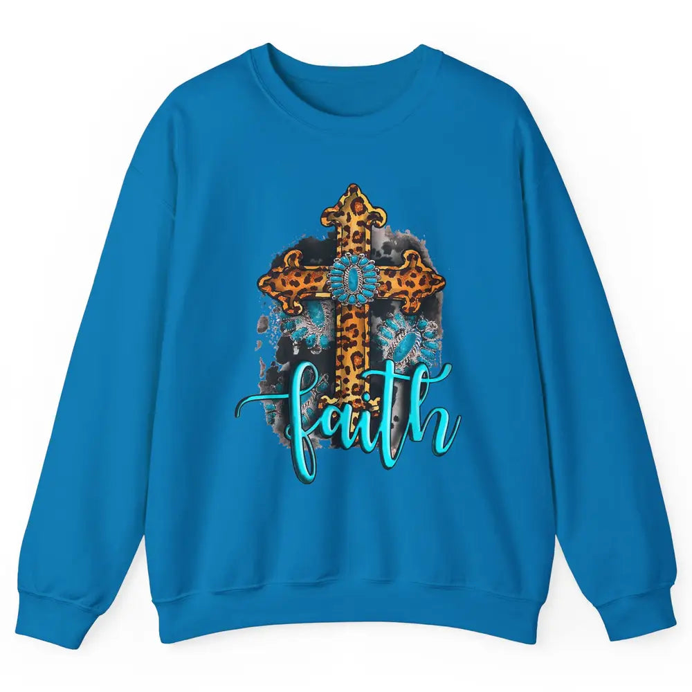 Western Gemstone Leopard Turquoise Cross Faith Jesus God Unisex Crewneck Sweatshirt