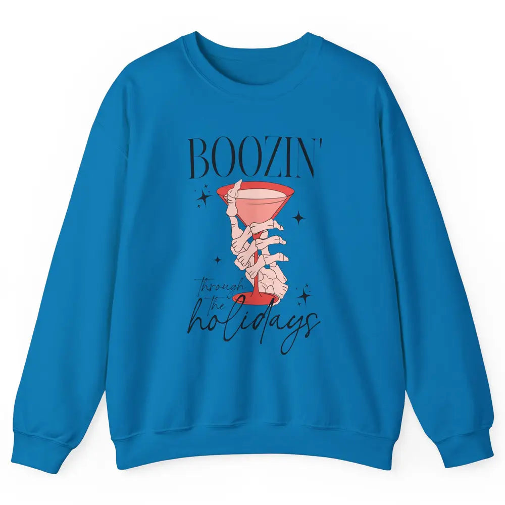 Boozin’ Through The Holidays Christmas Drinking Wine Glass Unisex Crewneck Sweatshirt