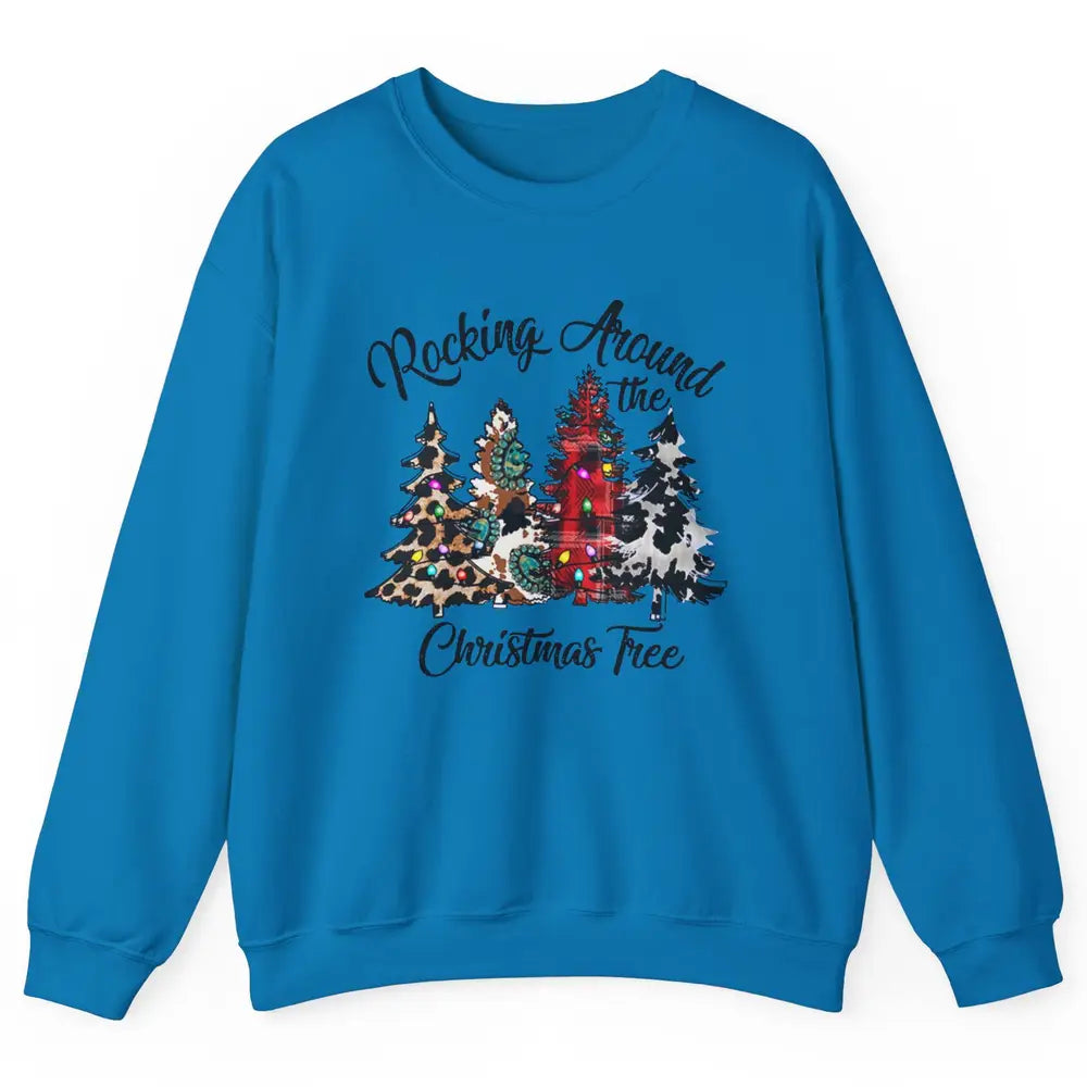 Leopard Christmas Tree Rocking Around Christmas Tree Western Unisex Crewneck Sweatshirt