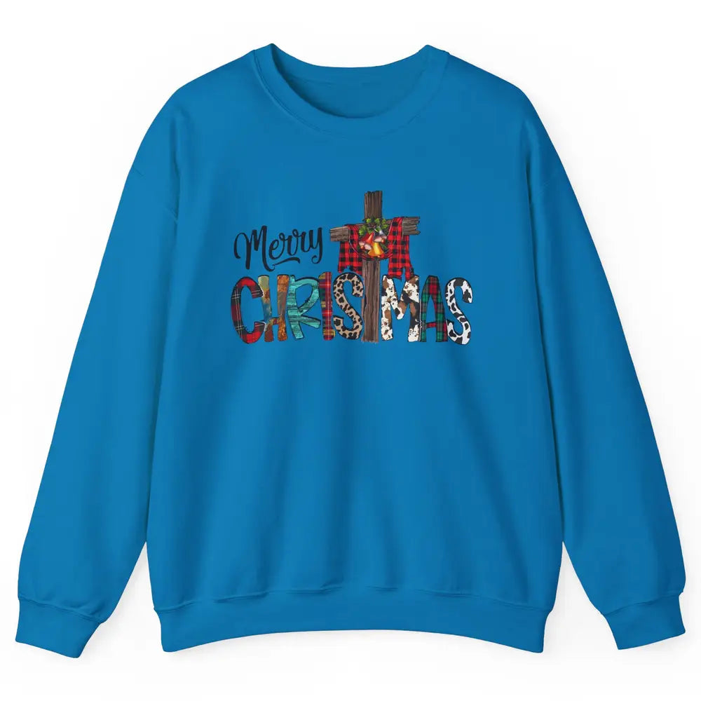 Leopard Jesus Cross Merry Christmas Christian Western Xmas Unisex Crewneck Sweatshirt