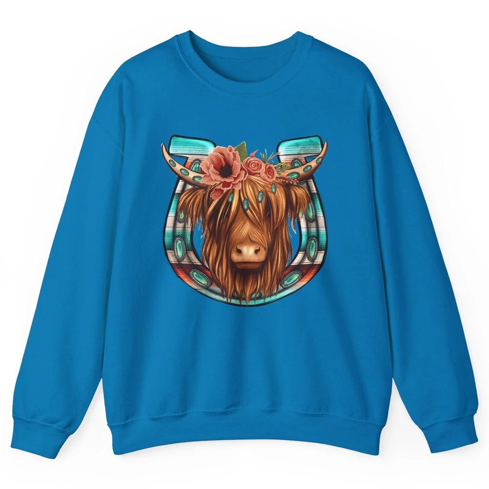 Floral Highland Cow Heifer Horseshoe Western Country Cowboy Unisex Crewneck Sweatshirt