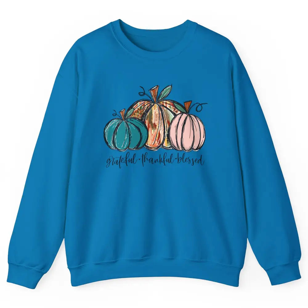 Grateful Thankful Blessed Doodle Pumpkin Fall Thanksgiving Unisex Crewneck Sweatshirt