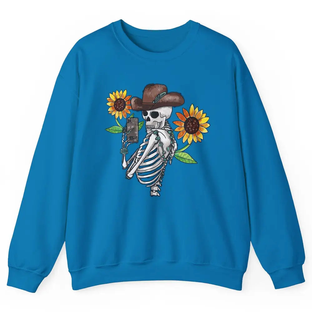 Western Cowboy Hat Skeleton Sunflower Funny Skeleton Selfie Unisex Crewneck Sweatshirt