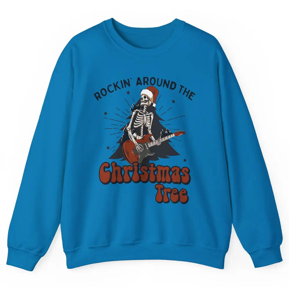 Skeleton Guitar Rocking Around Christmas Tree Western Xmas Unisex Crewneck Sweatshirt