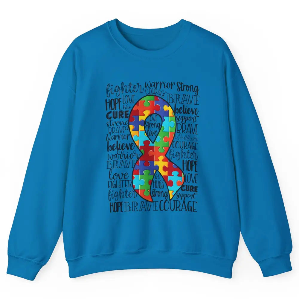 Autism Awareness Puzzles Ribbon Strong Brave Autism Support Unisex Crewneck Sweatshirt