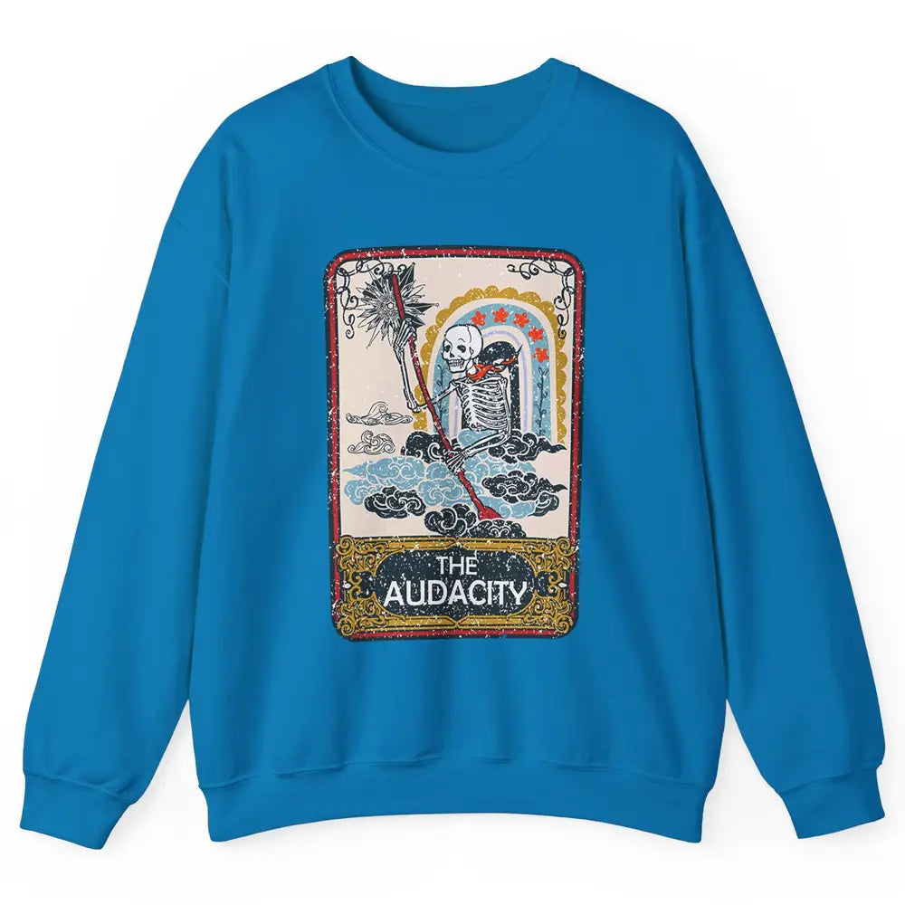 Retro Skeleton Riding Clouds Rainbow The Audacity Tarot Card Unisex Crewneck Sweatshirt