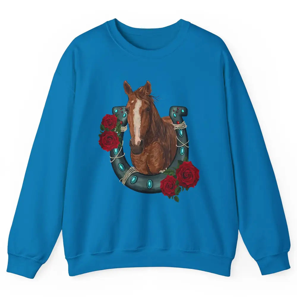 Western Country Texas Cowgirl Floral Horseshoe Horse Riding Unisex Crewneck Sweatshirt