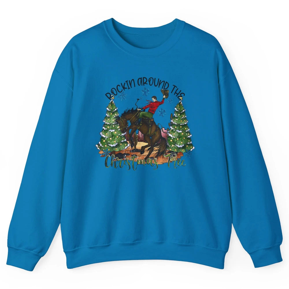 Funny Cowboy Horsing Rocking Around Christmas Tree Western Unisex Crewneck Sweatshirt