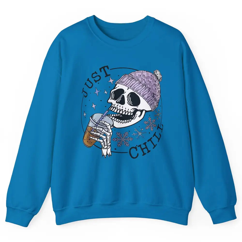 Funny Skeleton Coffee Just Relax Snowflakes Christmas Unisex Crewneck Sweatshirt