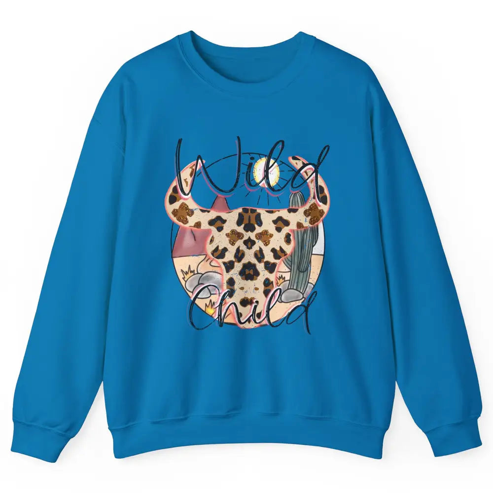 Boho Bull Skull Wild Child Desert Cactus Western Country Unisex Crewneck Sweatshirt