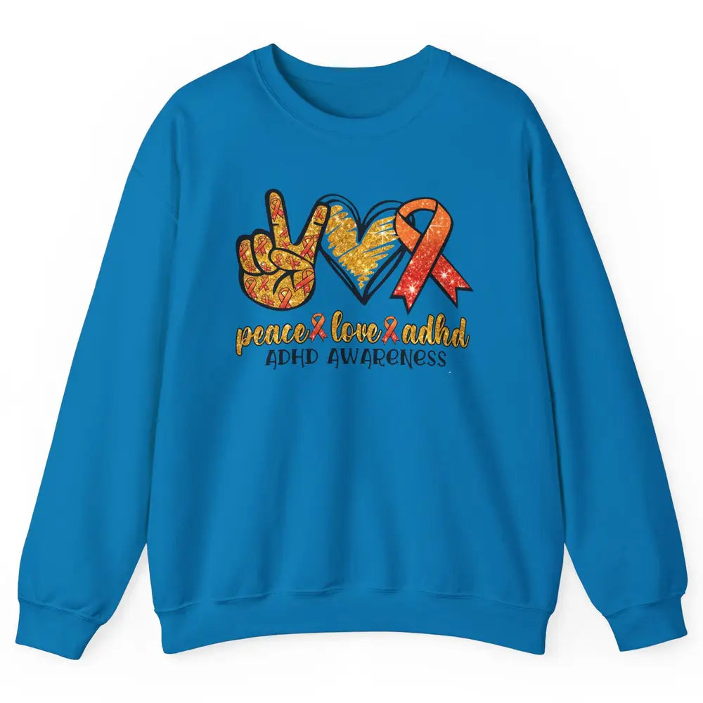 ADHD Awareness Month Peace Love ADHD Orange Ribbon Unisex Crewneck Sweatshirt