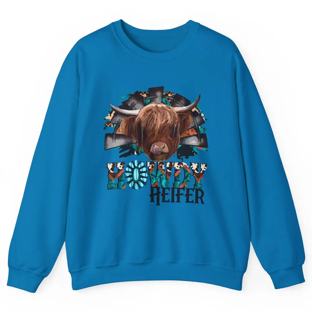 Leopard Highland Cow Howdy Heifer Western Country Cowboy Unisex Crewneck Sweatshirt