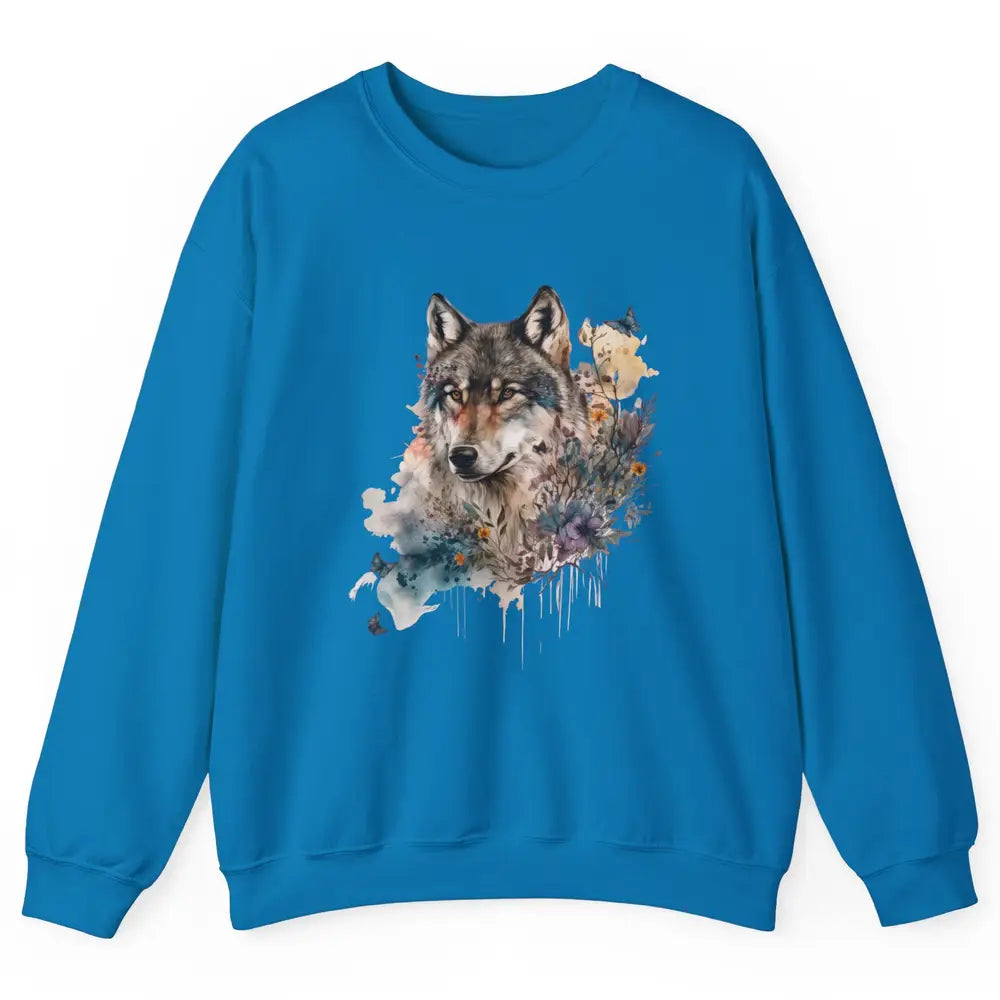 Watercolor Wolf Face Howl Butterfly Wolves Wild Animal Retro Unisex Crewneck Sweatshirt