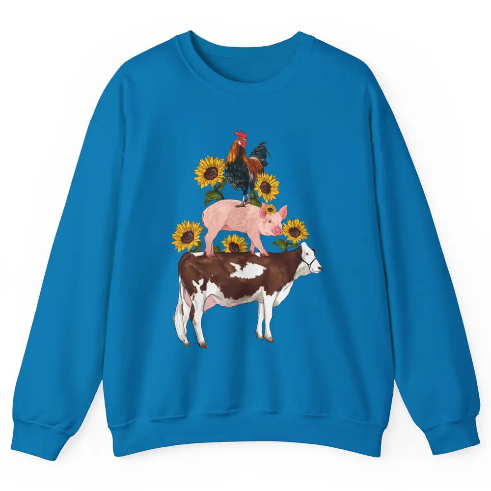 Sunflower Western Farm Life Animals Vegan Cow Pig Rooster Unisex Crewneck Sweatshirt