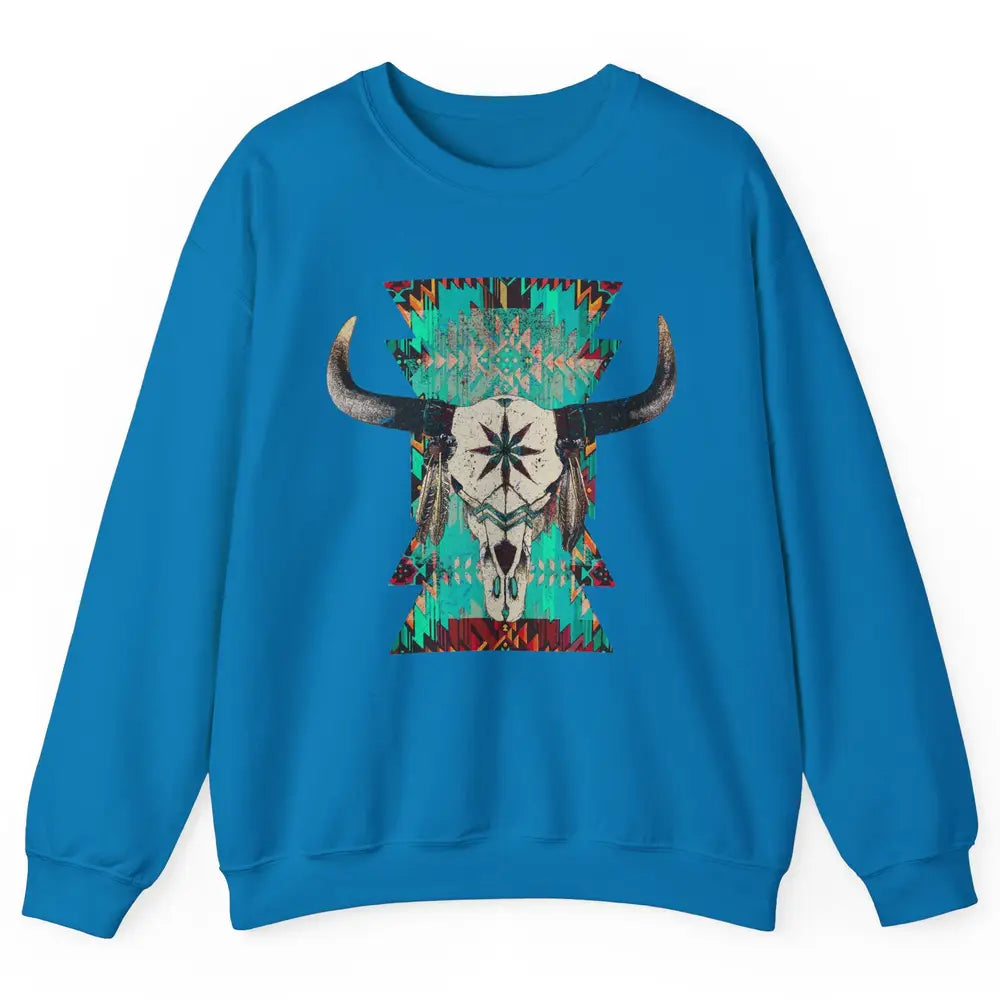 Boho Bull Skull Turquoise Aztec Western Country Rodeo Cowboy Unisex Crewneck Sweatshirt