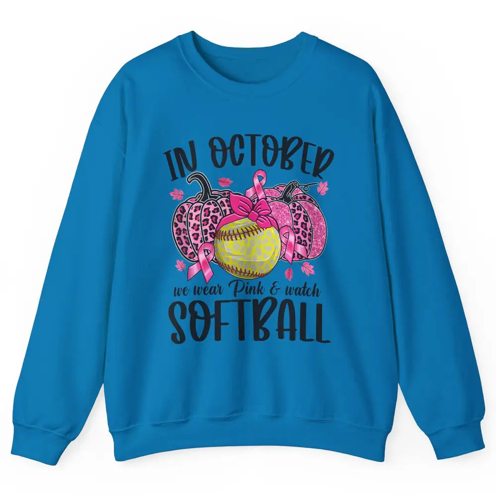 Softball Leopard Pumpkin In October Breast Cancer Awareness Unisex Crewneck Sweatshirt