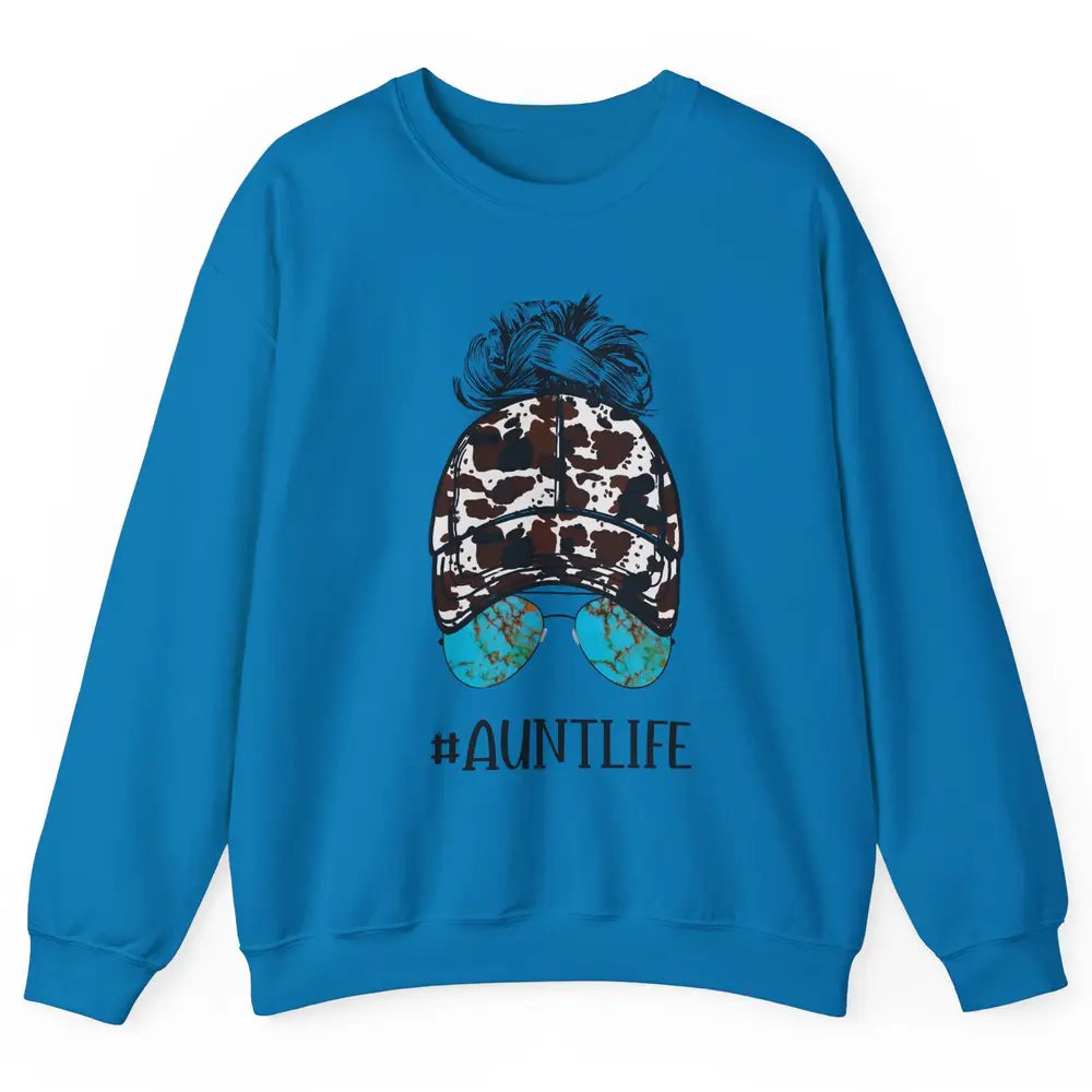 Aunt Life Messy Bun Glasses Cowhide Western Auntie Life Unisex Crewneck Sweatshirt