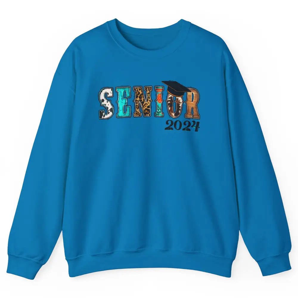 Sunflower Leopard Senior 2024 Graduate Bachelor Western Grad Unisex Crewneck Sweatshirt