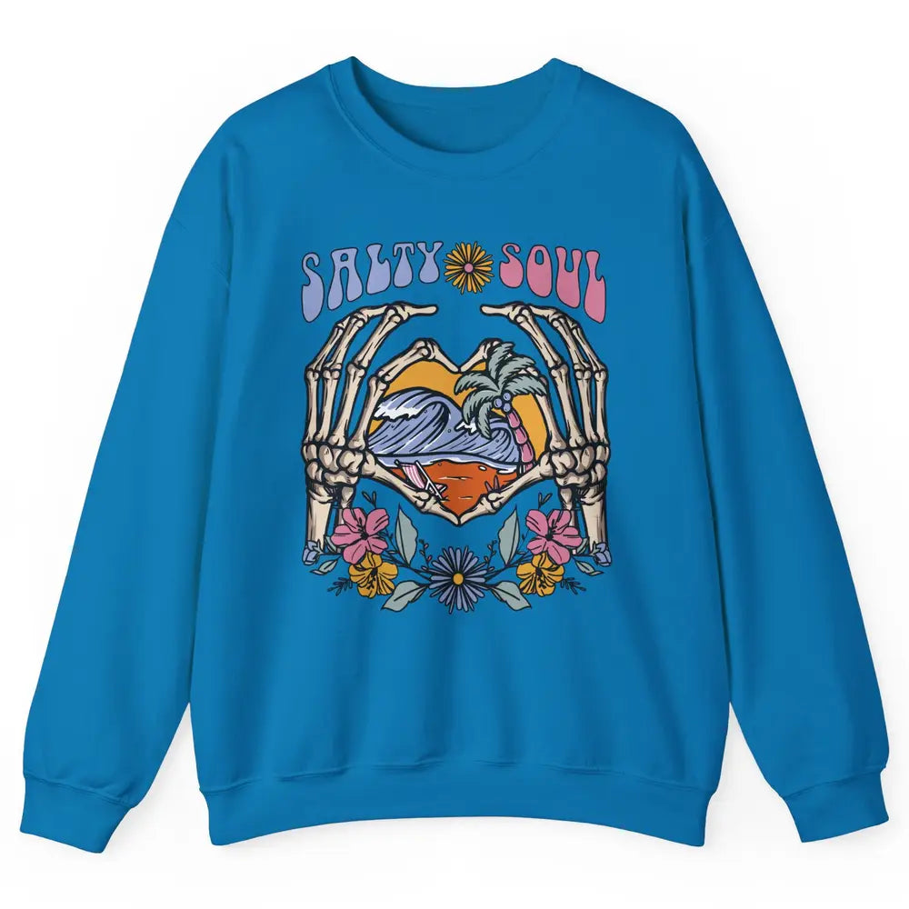 Retro Salty Beach Soul Floral Wave Skeleton Summer Vibes 70s Unisex Crewneck Sweatshirt