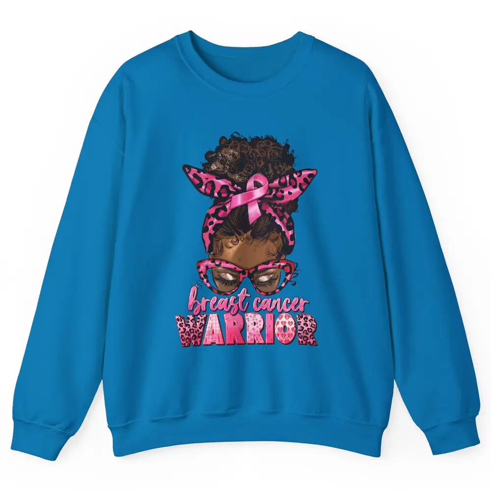 Afro Black Woman Breast Cancer Awareness Messy Bun Leopard Unisex Crewneck Sweatshirt