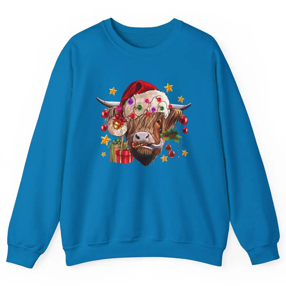 Highland Cow Joy Santa Hat Christmas Ornament Western Farm Unisex Crewneck Sweatshirt