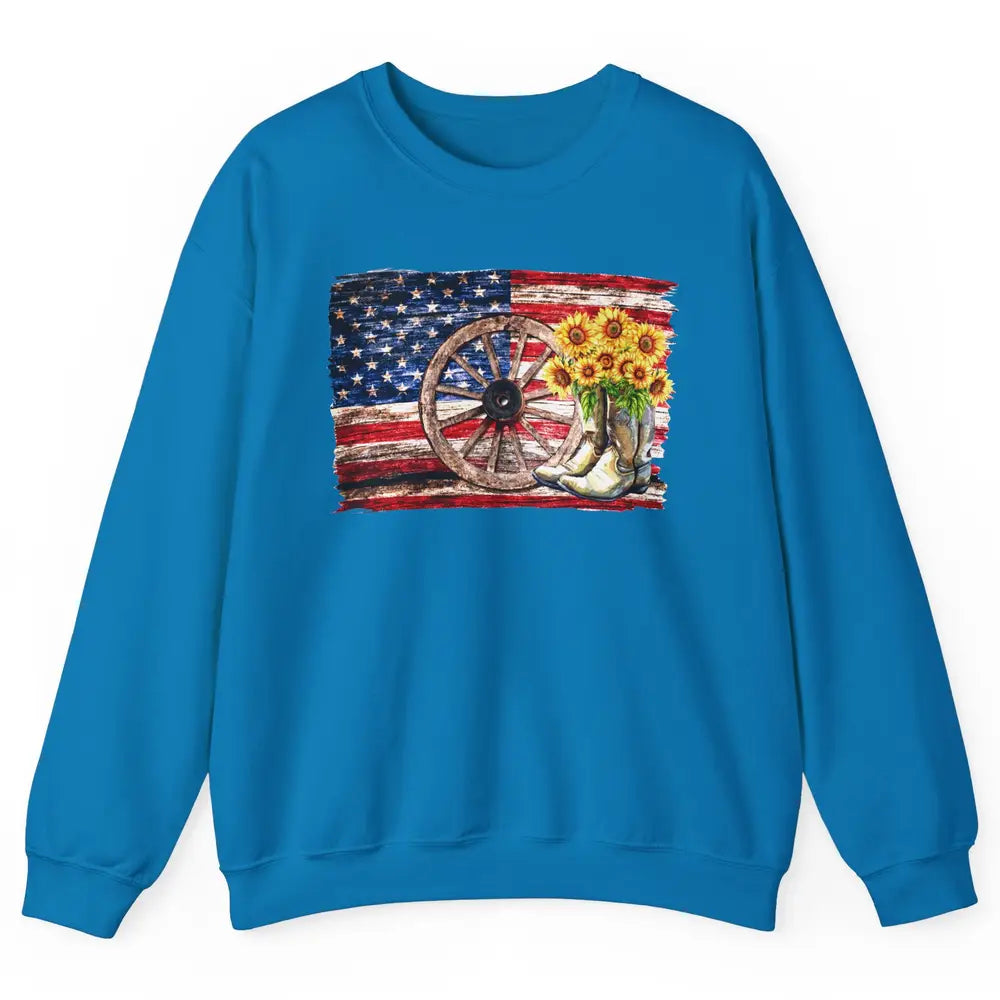 Retro US Flag Sunflower Cowgirl Boots Texas Cowboy Western Unisex Crewneck Sweatshirt