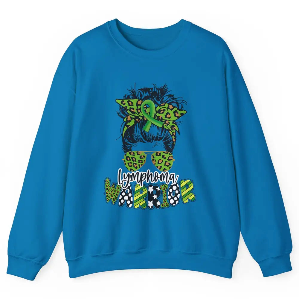 Warrior Fight Lymphoma Cancer Green Leopard Ribbon Messy Bun Unisex Crewneck Sweatshirt