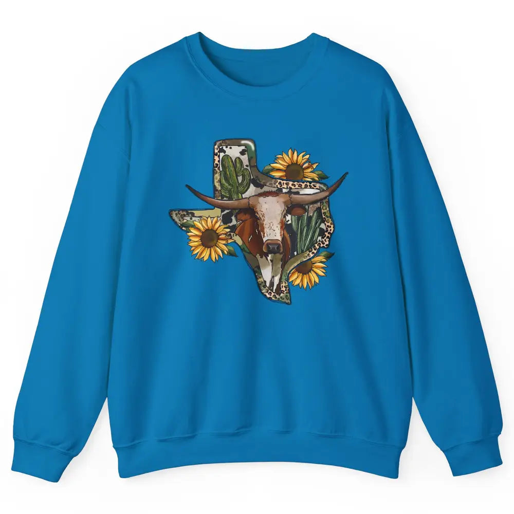 Texas Map Leopard Sunflower Western Texas Cow Longhorn Unisex Crewneck Sweatshirt