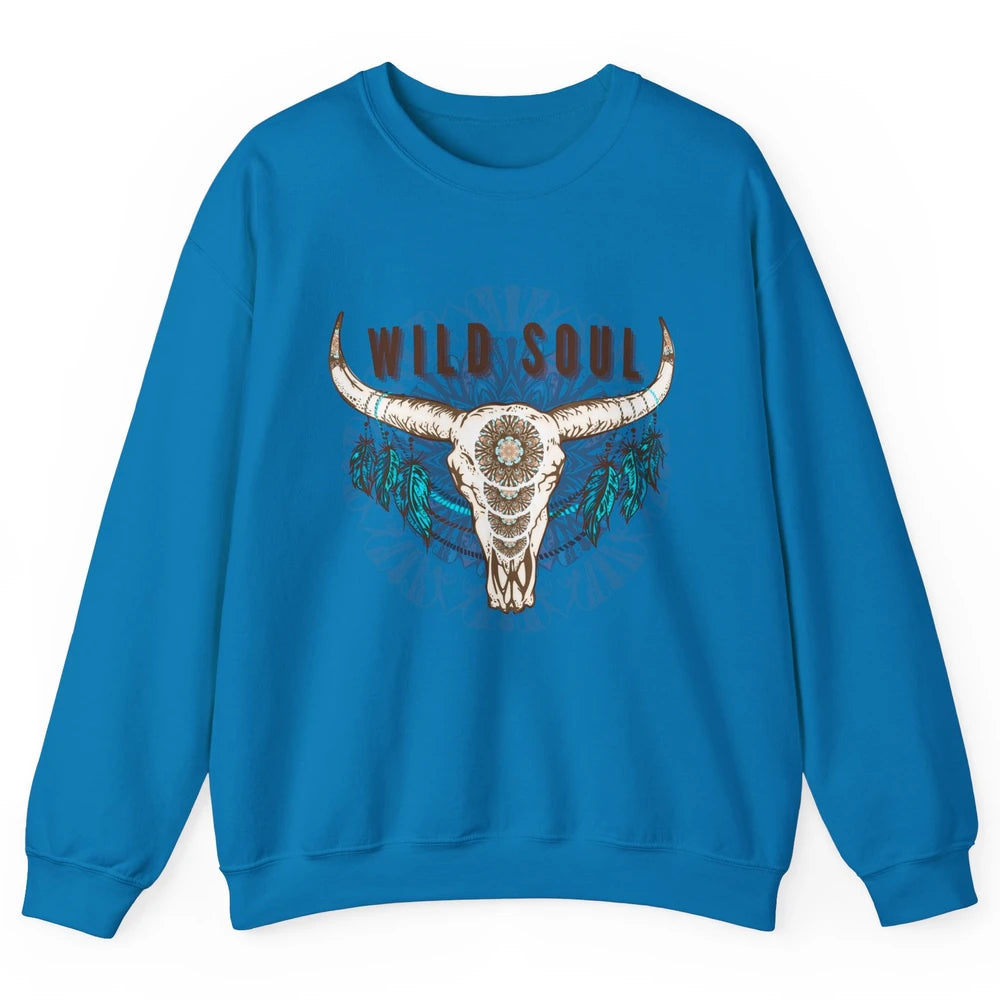 Boho Bull Skull Wild Soul Hippie Cowgirl Western Country Unisex Crewneck Sweatshirt