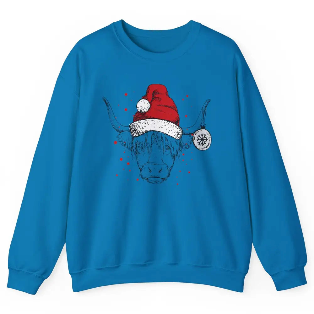 Cute Highland Cow Christmas With Santa Hat Western Xmas Cow Unisex Crewneck Sweatshirt