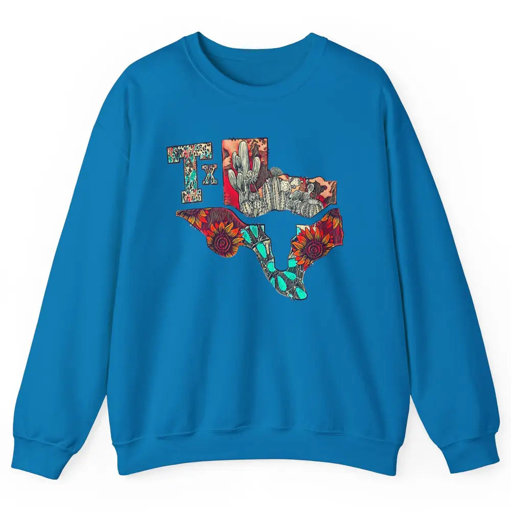 Texas Map Boho Texas State Leopard Western Desert Cactus Unisex Crewneck Sweatshirt