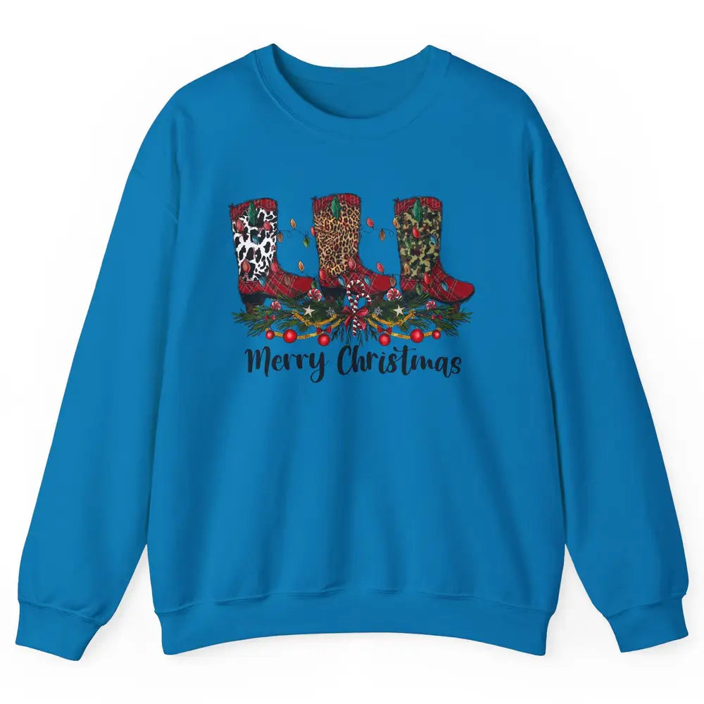 Christmas Cowboy Boots Santa Boots Leopard Western Christmas Unisex Crewneck Sweatshirt