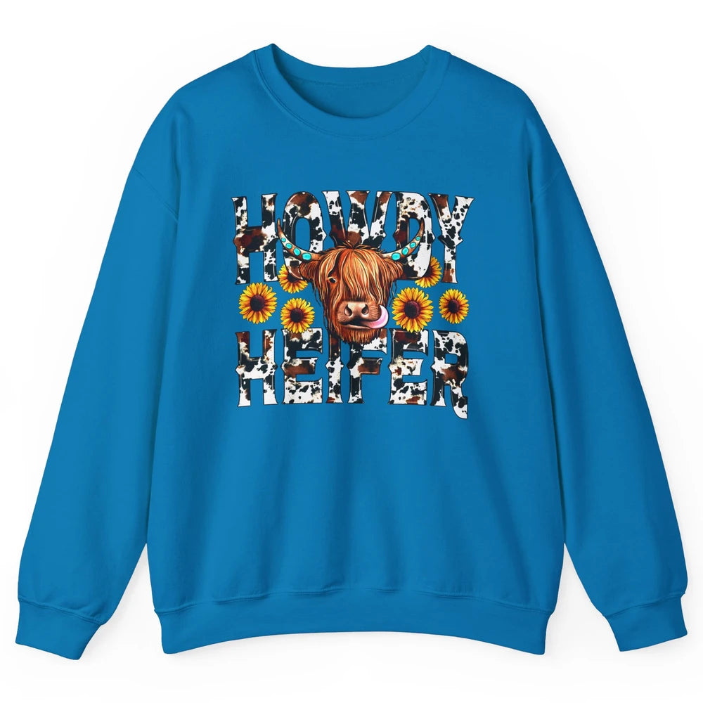 Sunflower Highland Cow Howdy Heifer Western Country Cowboy Unisex Crewneck Sweatshirt