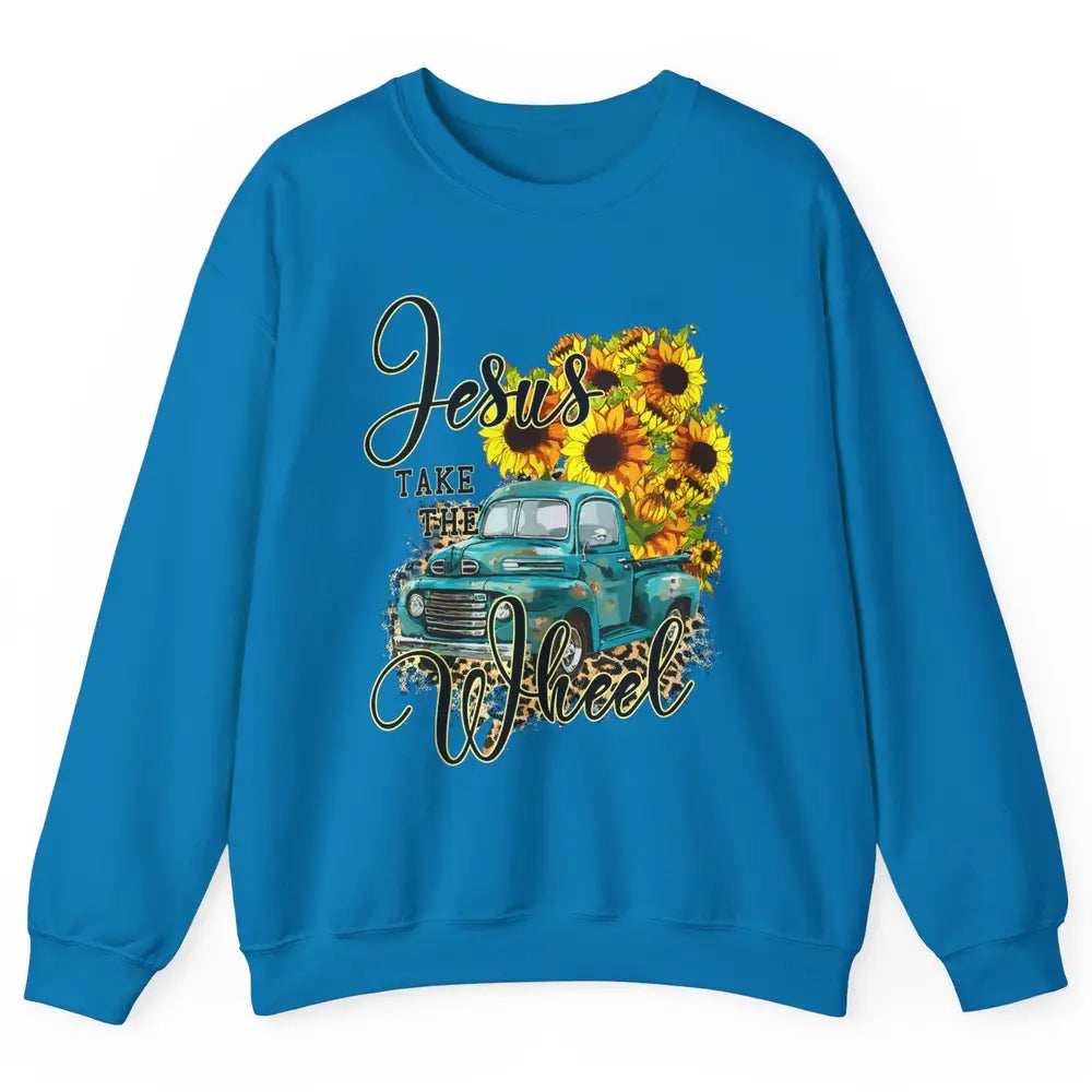 Sunflower Jesus Take The Wheel Christian Leopard God Bible Unisex Crewneck Sweatshirt