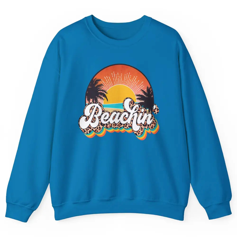 Beachin' Leopard Retro Summer Sunset Beach Lovers Vacation Unisex Crewneck Sweatshirt