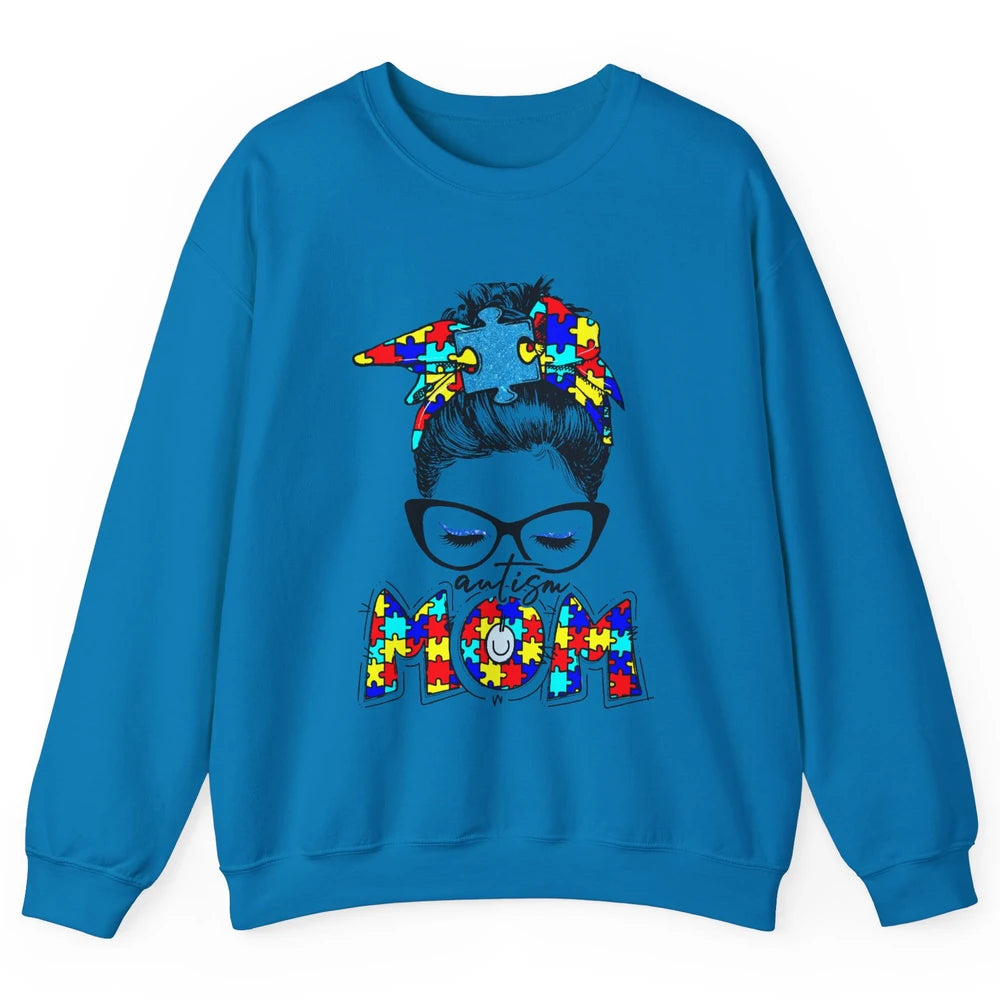 Autism Mom Messy Bun Bandana Puzzle Autism Awareness Month Unisex Crewneck Sweatshirt