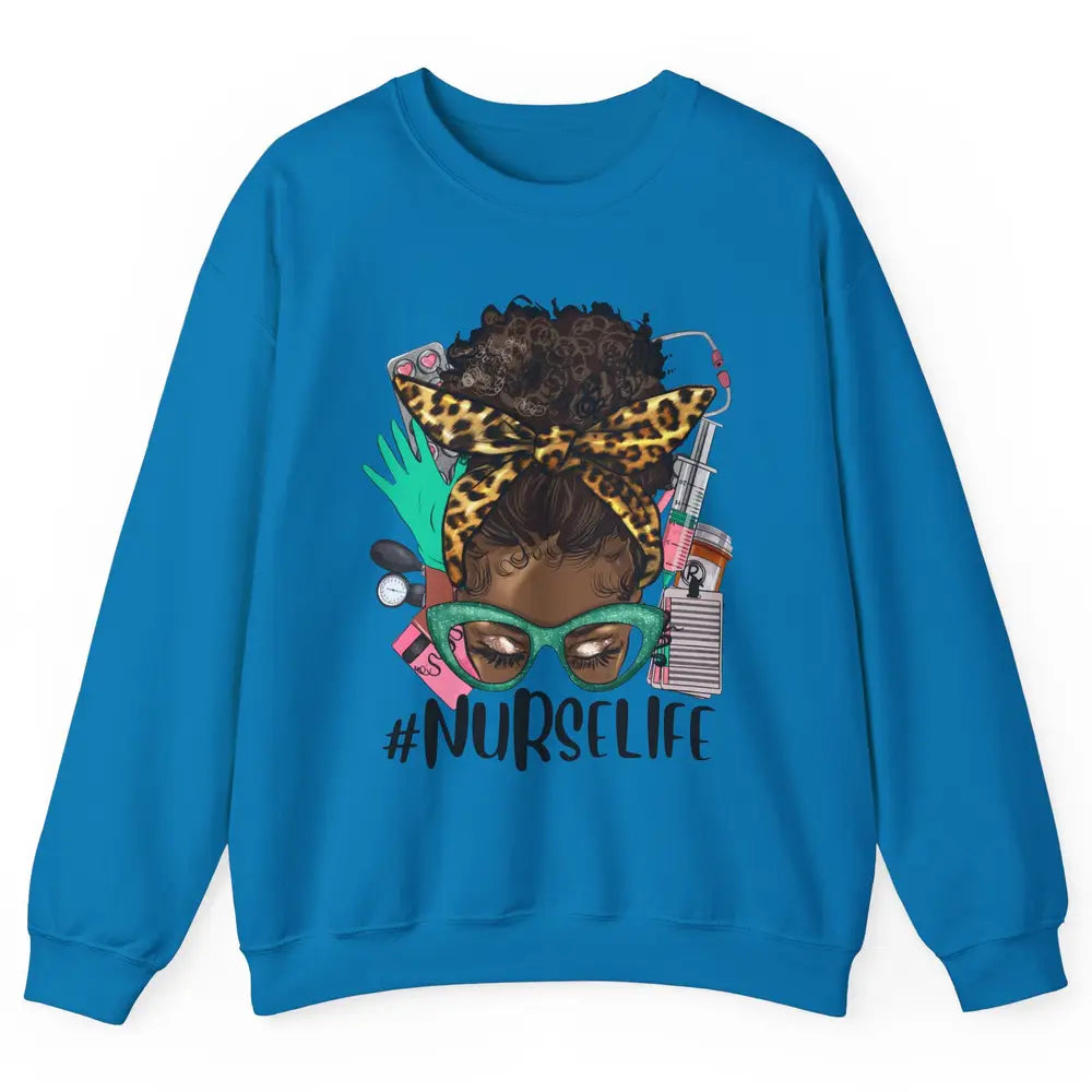 Afro Nurse Messy Bun Hair Black Melanin Nurse Life Leopard Unisex Crewneck Sweatshirt