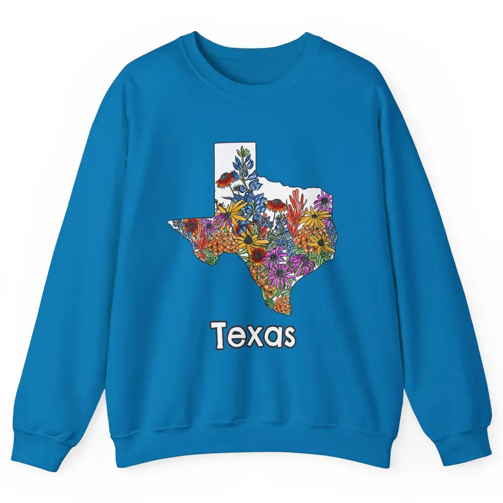 Texas Map Pride Wildflower Western Country Bluebonnet Flower Unisex Crewneck Sweatshirt