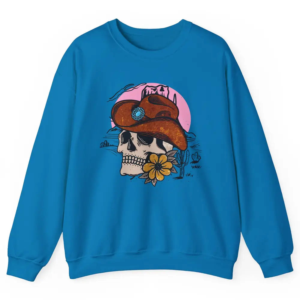 Skull Desert Cactus Cowboy Gemstone Hat Western Country Girl Unisex Crewneck Sweatshirt