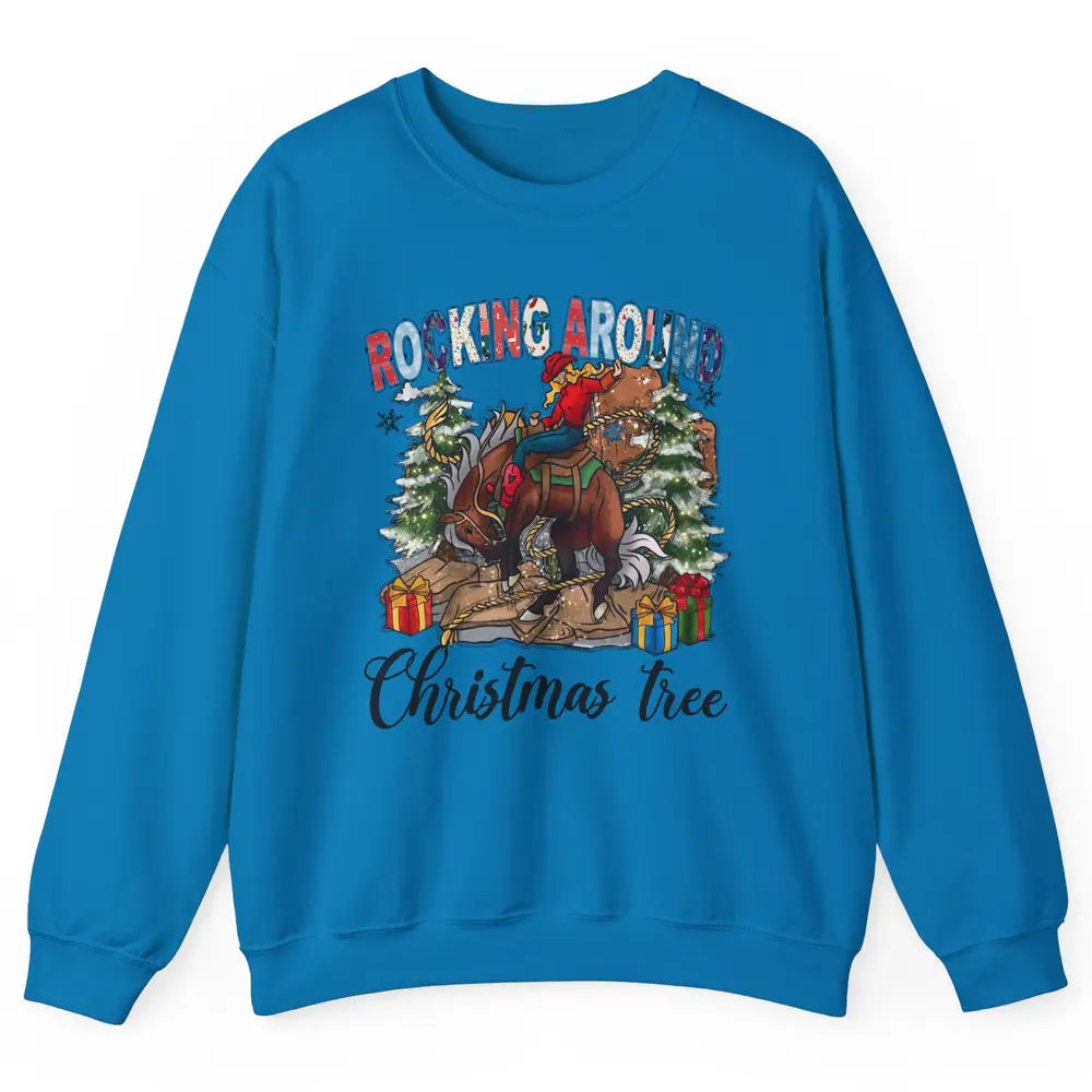 Funny Cowgirl Horsing Rocking Around Christmas Tree Western Unisex Crewneck Sweatshirt