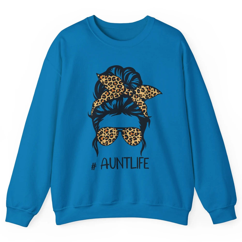 Aunt Life Messy Bun Hair Leopard Sunglasses Bandana Auntie Unisex Crewneck Sweatshirt