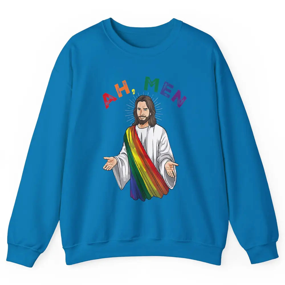 Ah Men LGBT Gay Pride Jesus Christian God Rainbow Flag Love Unisex Crewneck Sweatshirt